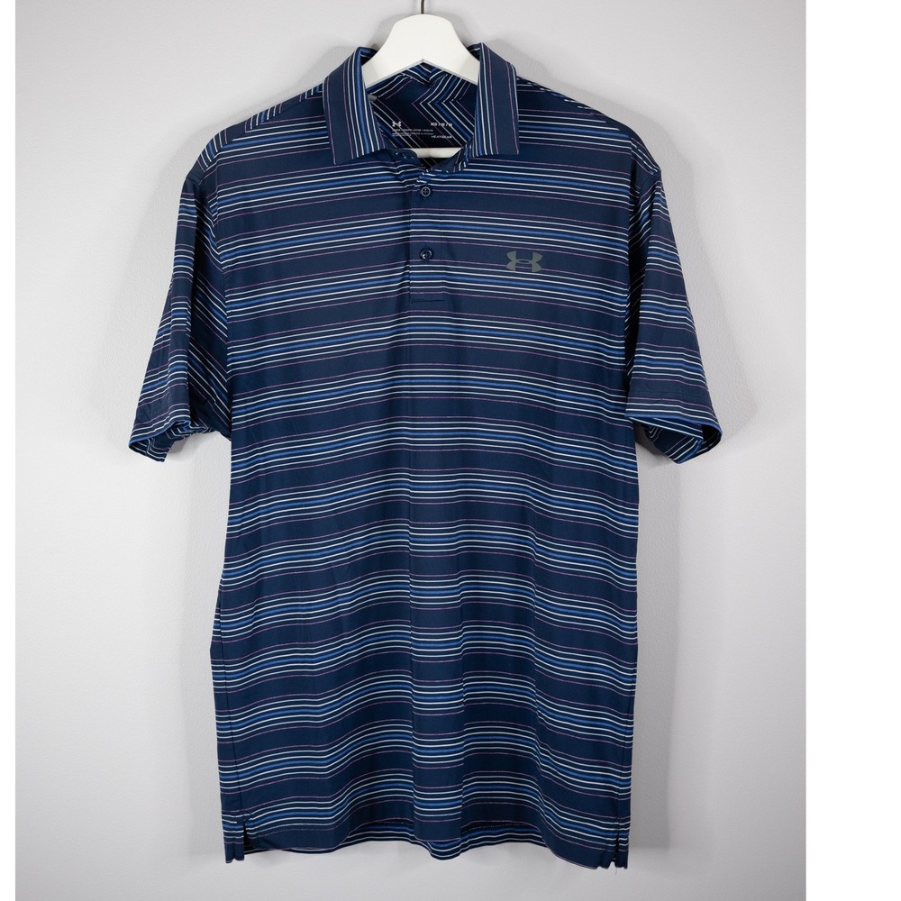 Under Armour Polo Shirt Mens Medium‎ Blue Excellent HeatGear Striped Golf Tee